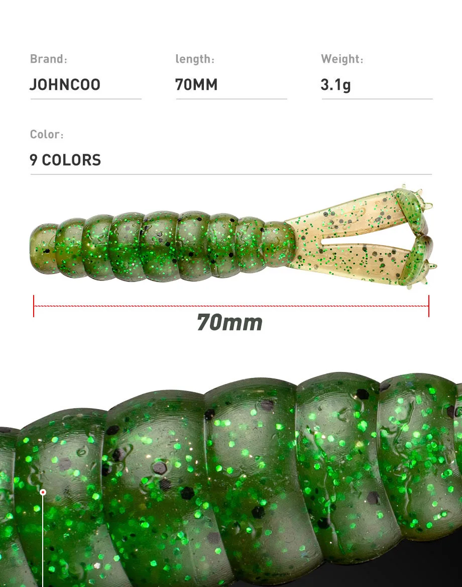 JOHNCOO 7 cm 3,1 g TPE Zwei T-Schwänze Weicher Köder Angelköder 6 Stück Künstlicher Wurmköder Wobbler Schwimmen Ned Rig – Detail 2