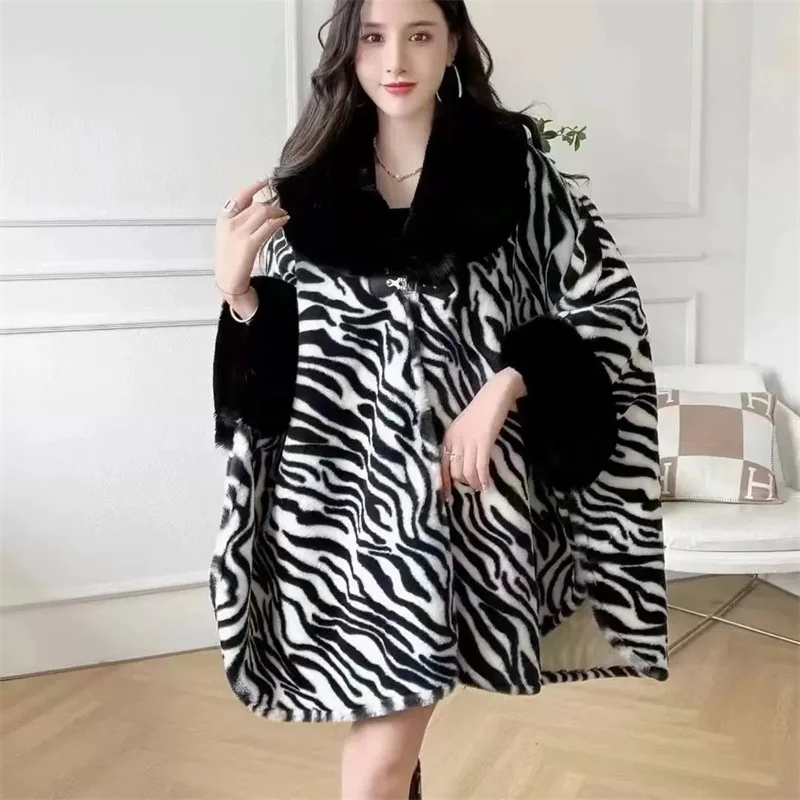 

2024 Autumn/Winter Plush Thick Sleeved Fur Collar Cape Medium Length Shawl Leopard Print High-end Women Coat Retro Outerwear WLF