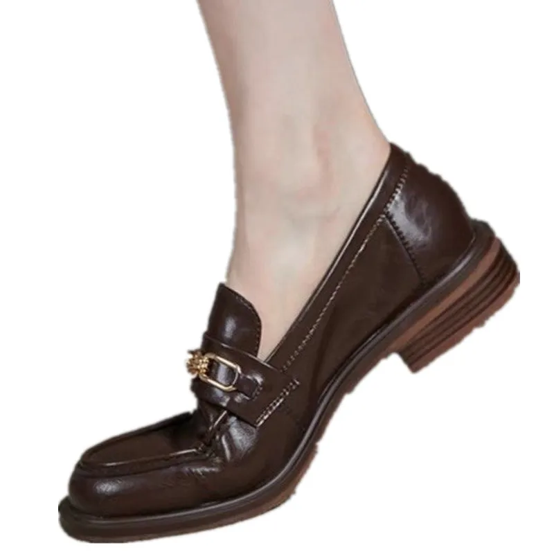 Spring and Fall Luxury Metal Chain Oxfords Ladies Elevated Height Increase Flats Woman Small Leather Shoes Pointed Toe Loafers