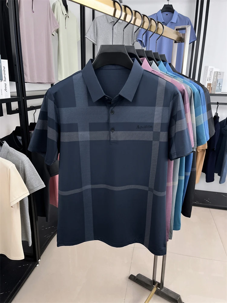 Summer High-end Luxury Men's Polo Shirt Lapel Stripe Print Short-sleeve Seamless T-shirt British Business Fashion Top Men's Wear 13 S16df999acb82416b8cd2f75ea2902f48q