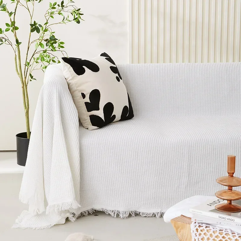 Woven Cotton Sofa Cover Blanket White Grey Sofa Towel for Living Room Furniture Decor Tapestry Couch Cover 2