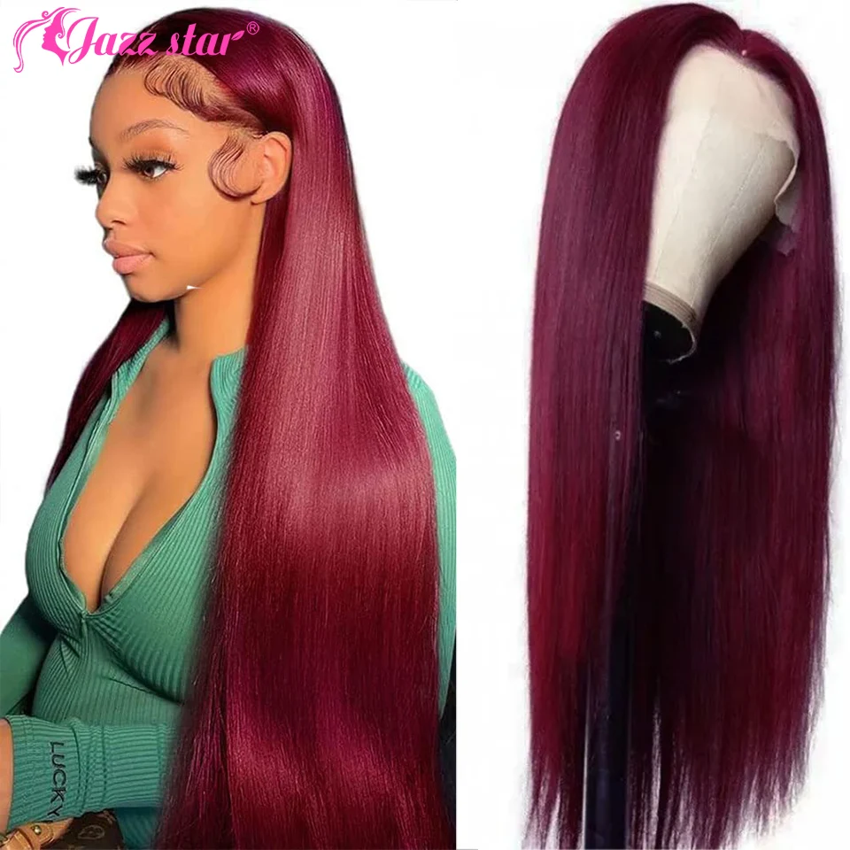 Burgundy 13x4 HD Transparent Lace Front Human Hair Wigs 99J Straight Lace Frontal Wig For Women Pre Plucked Baby Hair Jazz Star