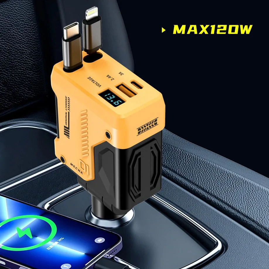 4-in-1 120W 접이식 차량용 충전기 초고속 충전 타입-C 어댑터 USB 시거..