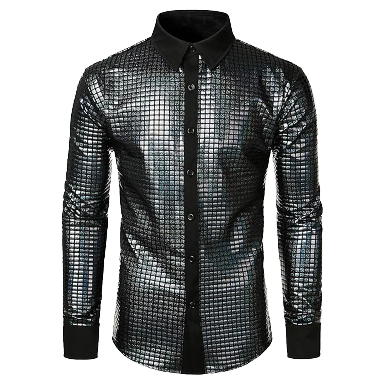 

Mens Performance Clothing Sequin Casual Shirt New Mens Fashion Shiny Lapel Slim Fit Glossy Long Sleeve Performance Men Top