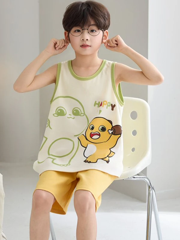 순면 여름 얇은 잠옷 남아 아동 홈웨어 반팔 조끼 편안하고 통기성 좋은 십대용 수면복