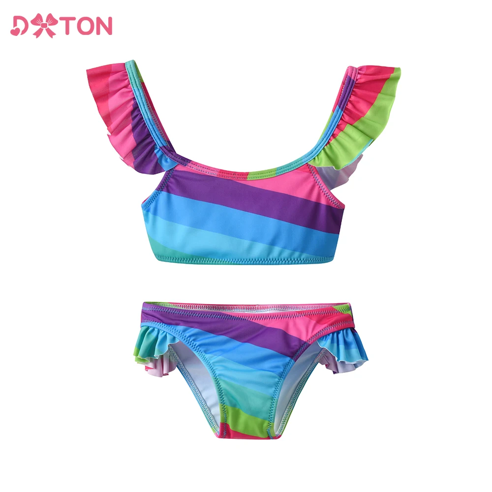DXTON Kids Swimwear Two Pieces Girls Swimsuit Ruffles Sleeve Kids Summer Beachwear Set Toddler Girls Swimming Bikini Suit 3-10Ys children swimwear