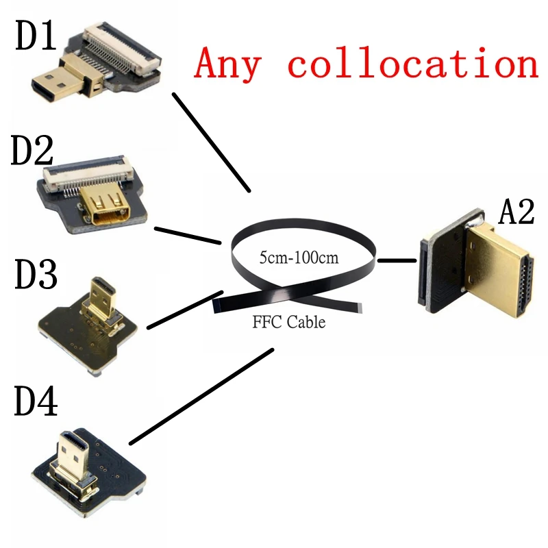 HDMI Cable Ribbon Flat FPV HDMI-Compatible Flexible Cable Raspberry Pi 4 Micro HD To HD/Mini-Compatible Female 90 Degree FFC 20p