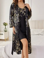 ‌ Silk Satin Floral Loungewear Set Belted Robe Camisole Nightdress Two-Piece Elegant Sleepwear All Seasons - Image 6