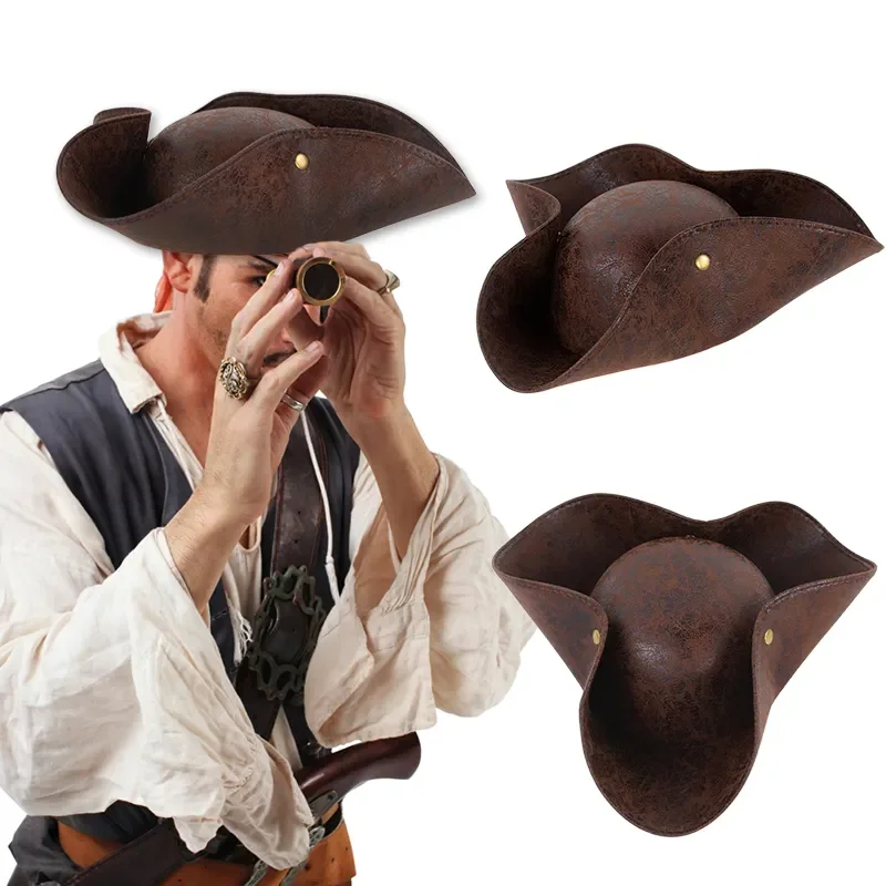 Falso couro pirata chapéu para festa mascarada, traje de Halloween, capitão cosplay caps, marrom angustiado, acessórios tricorn