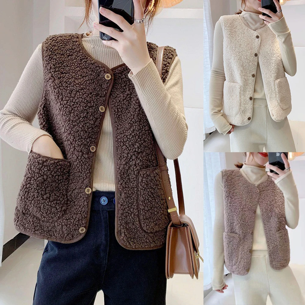 

Women Thicken Plush Cashmere Vest Coat Faux Fur Warm Patchwork Waistcoat Autumn Covered Button Waistcoat Gentle Jacket 2023