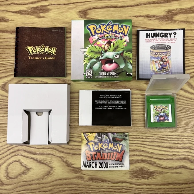Игра Pokemon Green GBC в коробке для 16-битных картриджей для видеоигр, руководство для тренировок с руководством, изготовленным вентилятором
