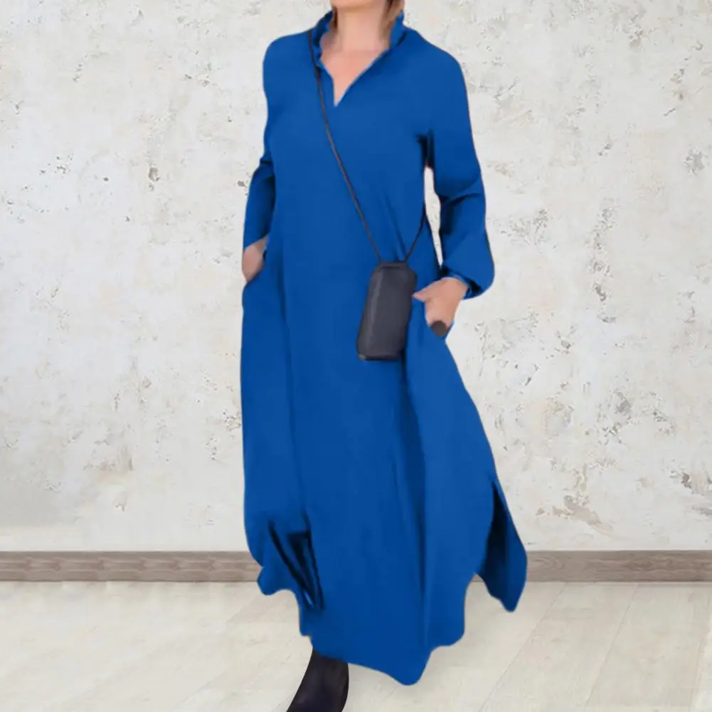 

Women Maxi Dress Lapel Oversized Split Hem Long Sleeve Soft Breathable Ankle Length A-line Lady Fall Spring Dress