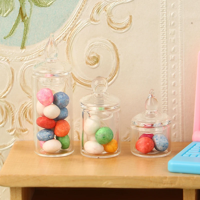 

1:12 Dollhouse Miniature Clear Glass Jar Candy Bean Storage Bottle Tiny Jar With Cover DollHouse Kitchen Scene Decor Accessories
