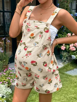 New Maternity Overalls Shorts Heart/Floral Printed Casual Pregnancy Jumpsuit With Adjustable Waist For Expectant Mothers Clothes