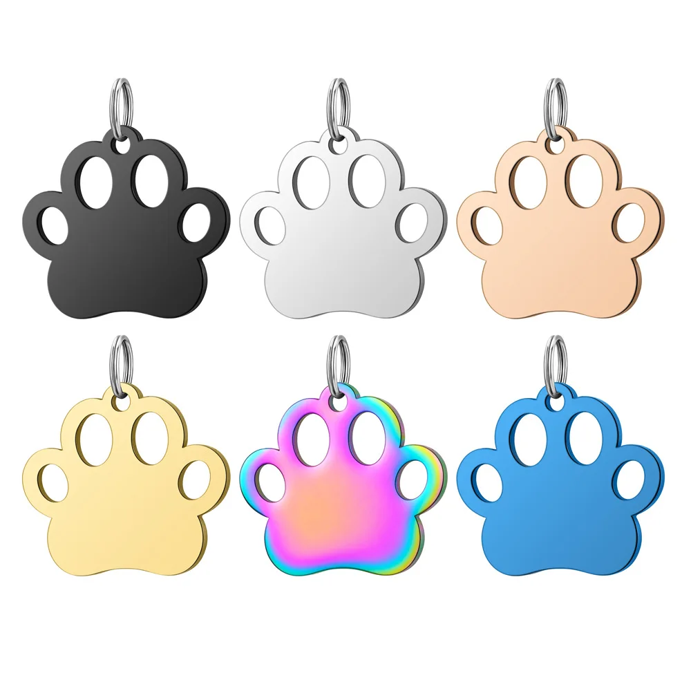 Dog ID Tags Paw Stainless Steel Metal Pet Pendant Custom Personalized Nameplate DIY Keychain Necklace Accessories 10Pcs