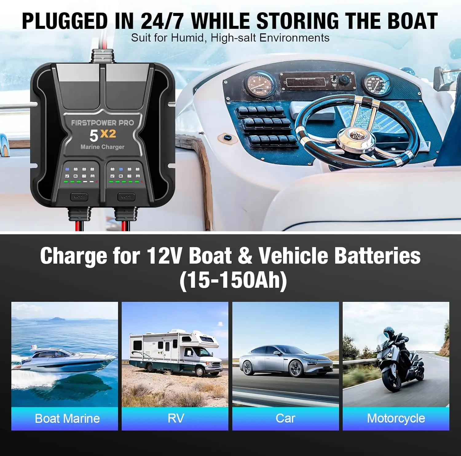 2 Bank Battery Charger 5X2, 10A (5A/Bank)-12V Waterproof Onboard Battery Charger, Maintainer & Desulfator for S