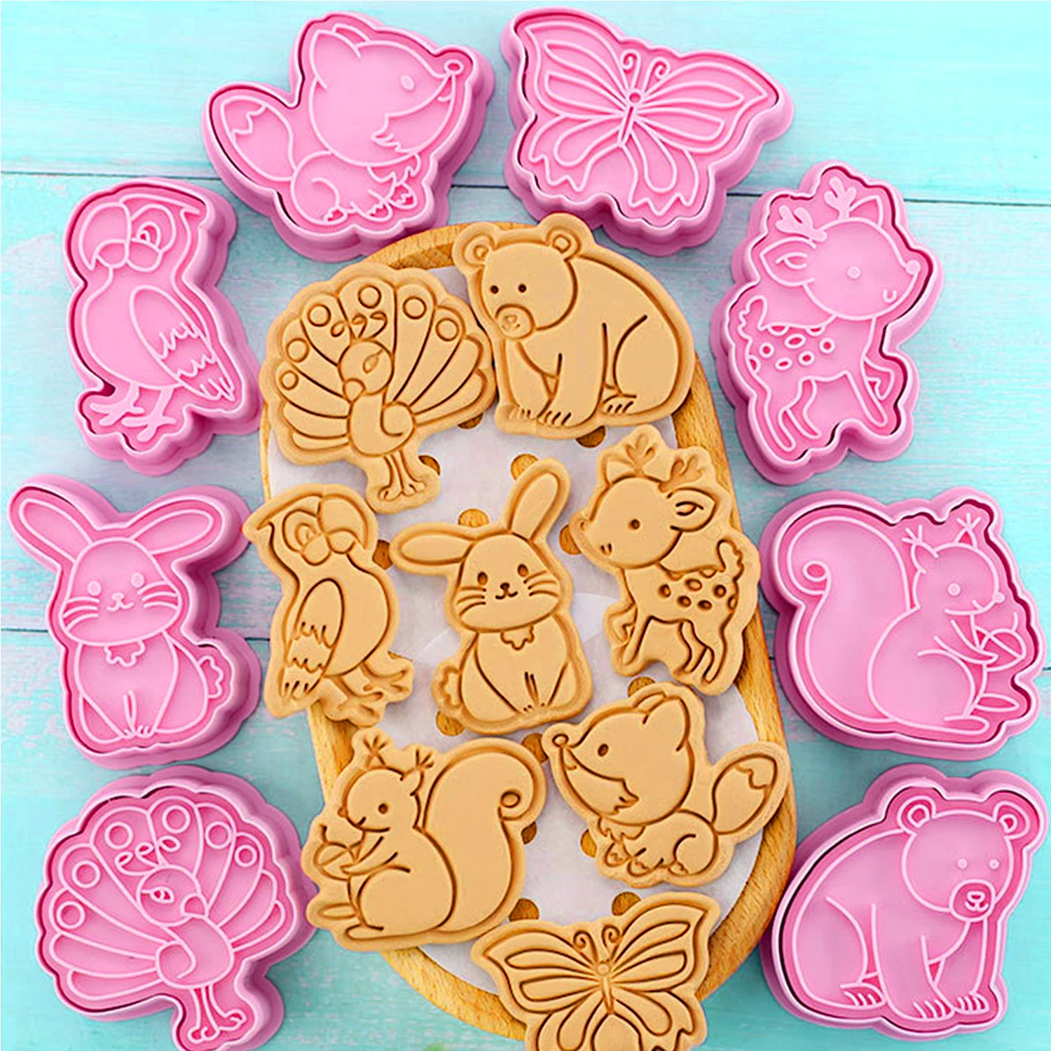 Cookie Cutters Animal 8 Pattern Plastic Cartoon Pressable Biscuit Mold Confectionery Cookie Stamp Kitchen Baking Pastry Tools