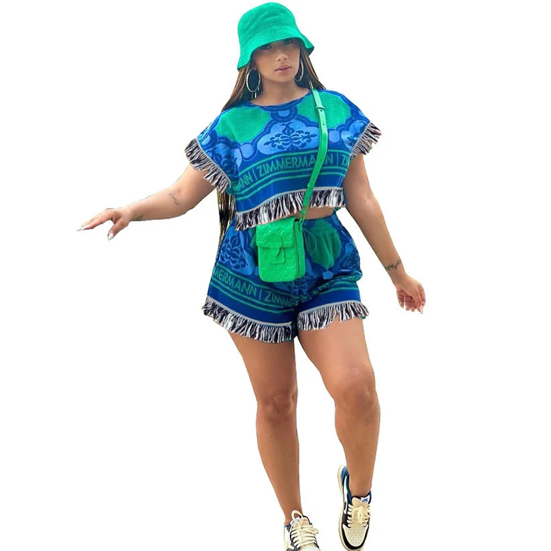 

African Shorts Set Clothes Women With Tassel Crop Top And Shorts Suit 2023 Fashion New Print Streetwear African Clothing Outfits