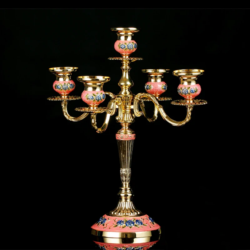 European Accents Embossed Rose Flower Design Gold Plating With White Hand Painted 3 Pieces Zinc Alloy Stick Candle Holders
