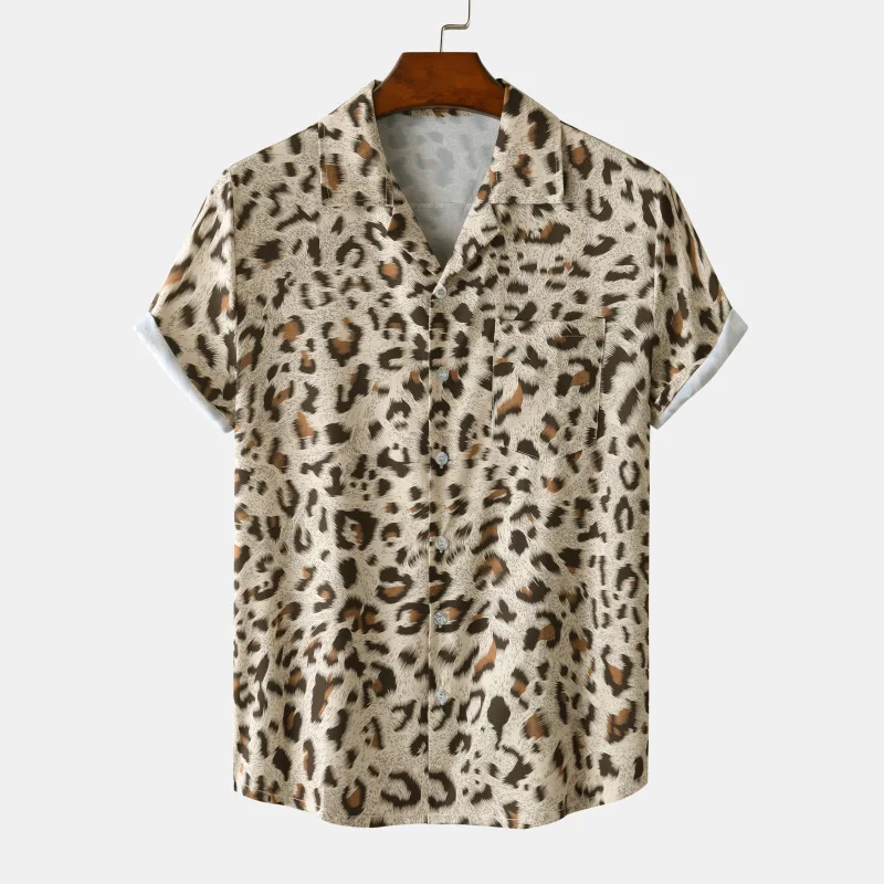 

Mens Leopard Print Shirts Casual Short Sleeve Button Down Hawaiian Shirt Men Club Rock Party Holiday Clothes Chemise Homme XXXL