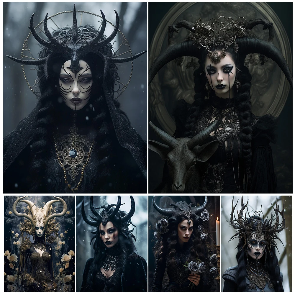 

Dark Queen Portrait Gothic Wall Art Canvas Painting The Charming Witch With Horns Abstract Art Poster And Print Home Decoration