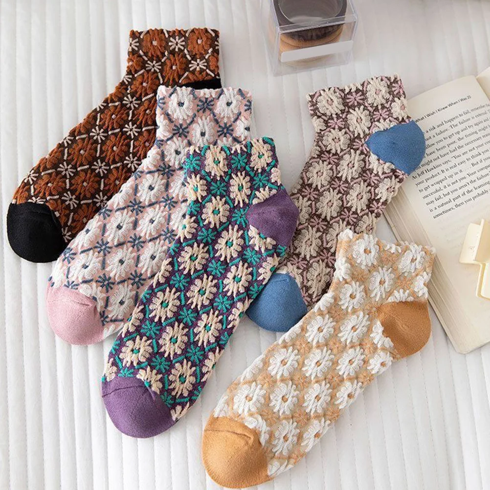 

5 Pairs Flower Socks Women Crew Socks Ankle Socks Cotton Socks Patterned Socks Casual Socks