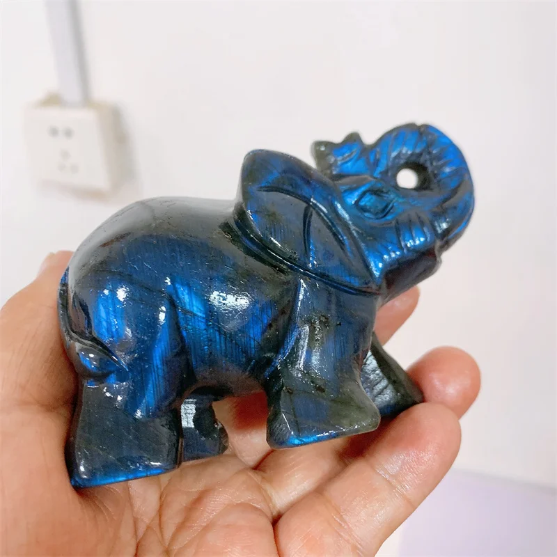 

Natural Labradorite Hand Carved Elephant Statues Crystal Animal Cute Carving Figurine For Christmas Gift 1pcs