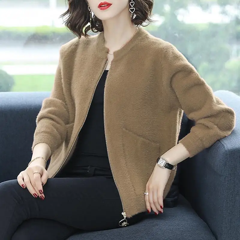 

Fashion O-Neck Zipper Pockets Solid Color Cardigan Sweaters Women's Clothing 2023 Winter Loose Knitted Commuter Tops