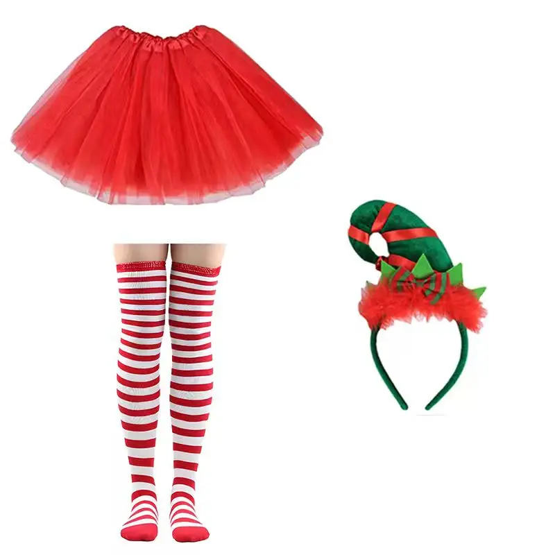 PESENAR Women's Christmas Elf Dress, Xmas Costume with Hat Gloves Stockings Suit Striped Outfit for Adults Fancy Dress Red Green