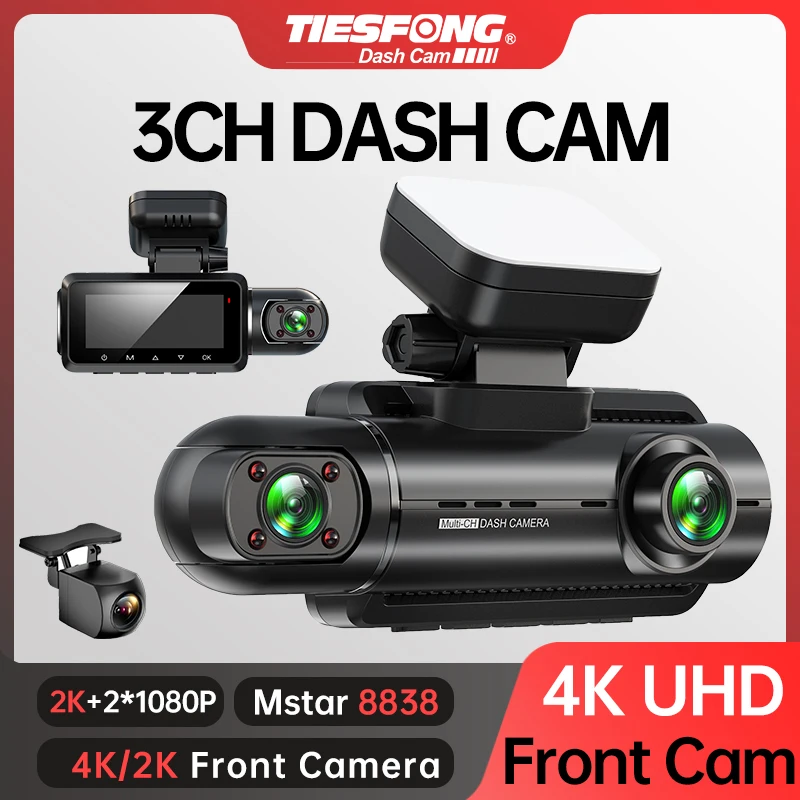 TiESFONG A99-D 4K/2K Front Dash Cam for Car DVR 3CH 2K+2*1080P 360 Camera Night Vision Auto Video Recorder 256Gmax