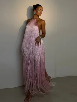 Party Women's Dress Halter Sleeveless Backless Tassel Solid Female Long Holiday Dresses 2026 Summer Fashion Elegant Lady Robe 1