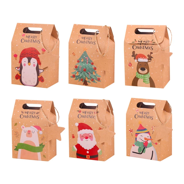 6/12Pcs Christmas Kraft Paper Gift Boxes with Tag Xmas Goodies Treat Candy Gift Packing Bags Christmas Party Favor New Year 2024