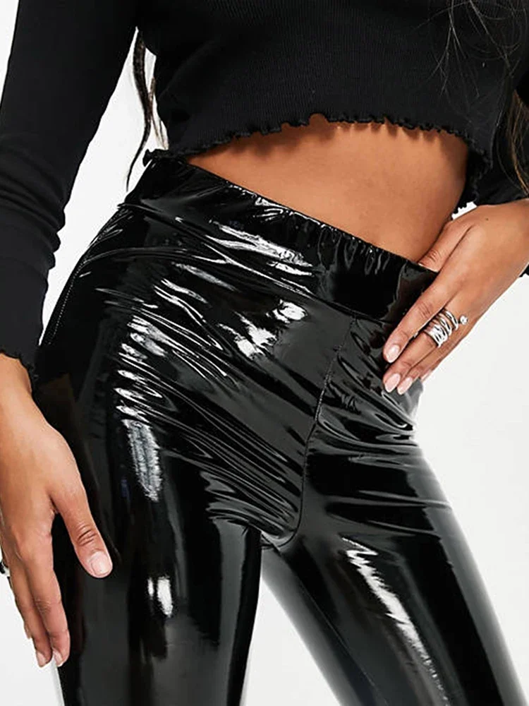 Women's High Waist Elastic Band Faux Latex Pants Shiny Patent Leather Stretch Pencil Pants Slim Bodycon Trousers New resistance loop band natural latex pull up assist band