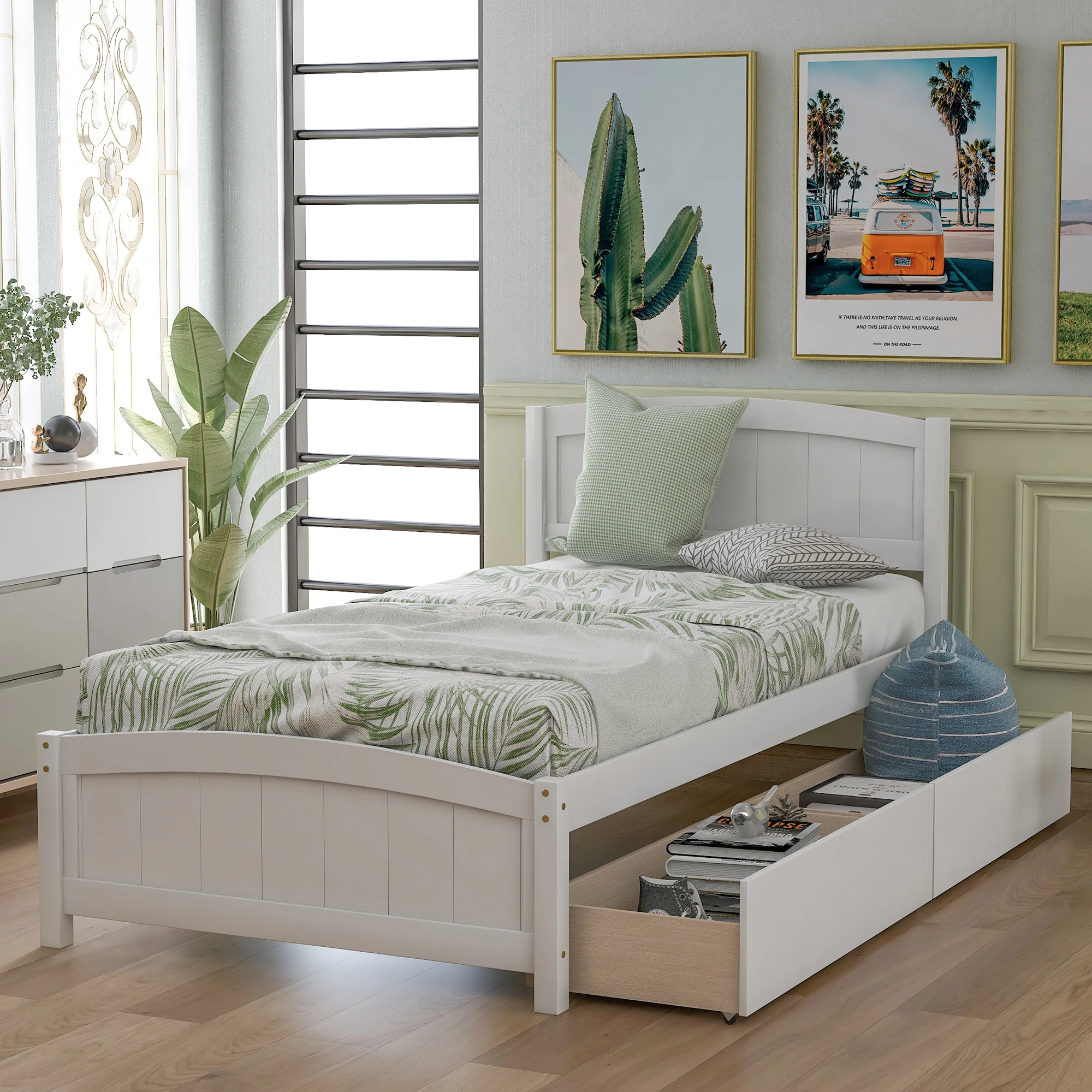 

Solid Wood Twin Size Platform Bed with Two Drawers, Wooden Platform Bed Frame No Spring Box Needed Bedroom Furniture