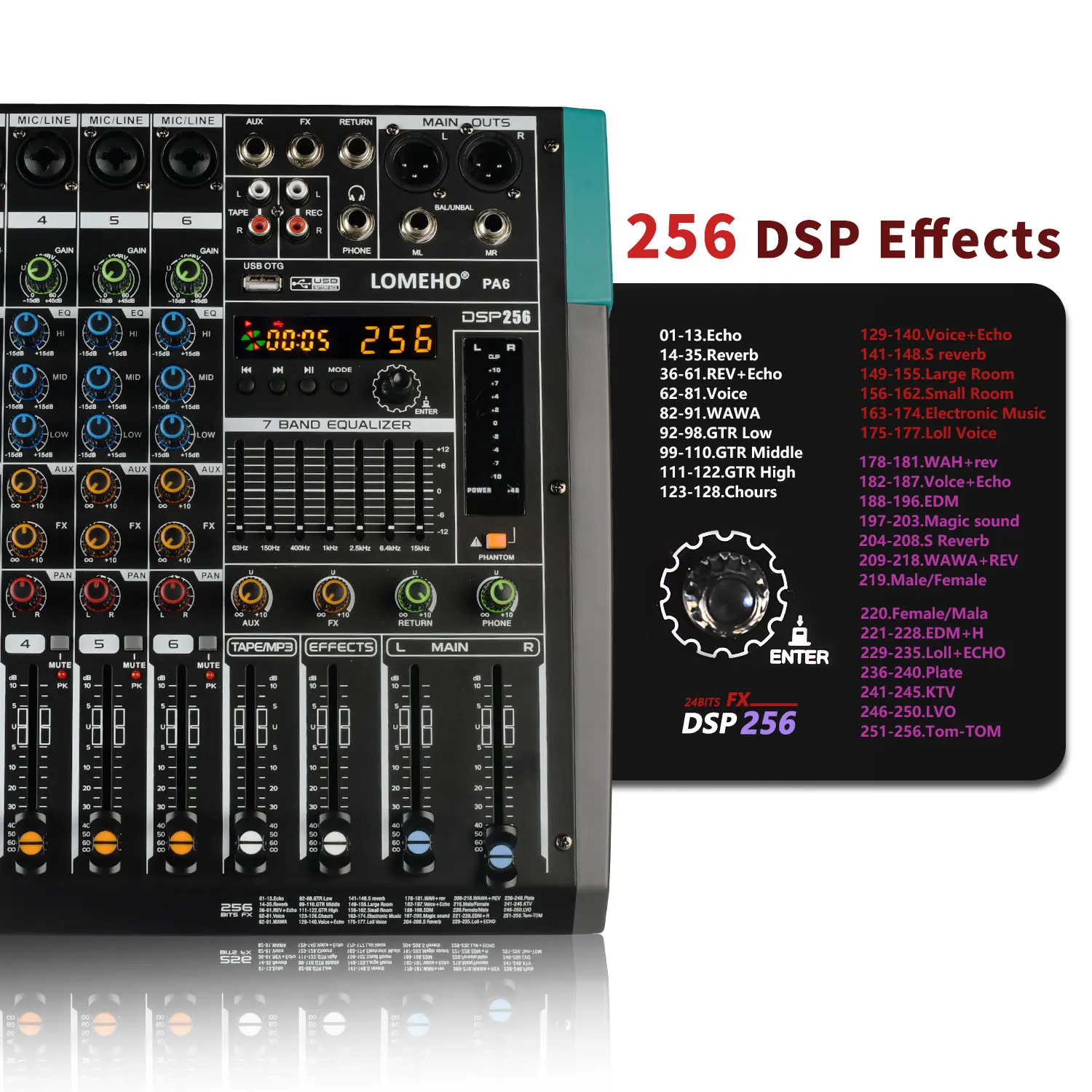 로메호 6채널 사운드 믹서 블루투스 256 디지털 이펙트 믹싱 콘솔 48V USB PC 재생 녹음 DJ 모노 오디오 믹서 PA6