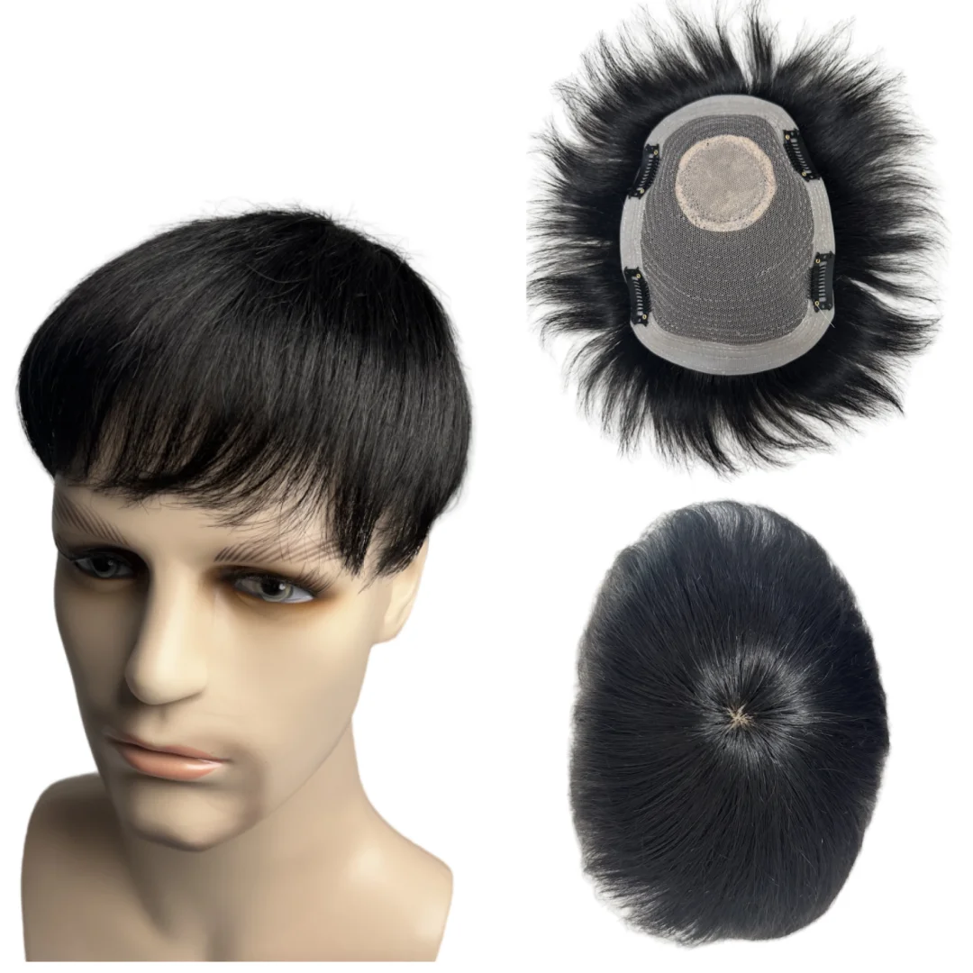 Parrucchino da uomo con clip Parrucche maschili Capelli umani Parrucchino da uomo Clip nelle estensioni dei capelli Topper Sistema di sostituzione Protesi capillare