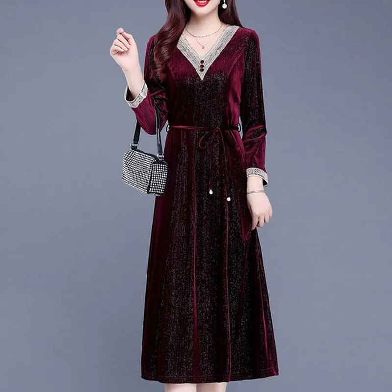 

Vintage Fashion Ladies Temperament Dresses Autumn Winter Solid Color Pullovers Women's Clothing Interior Lapping A-line Skirt