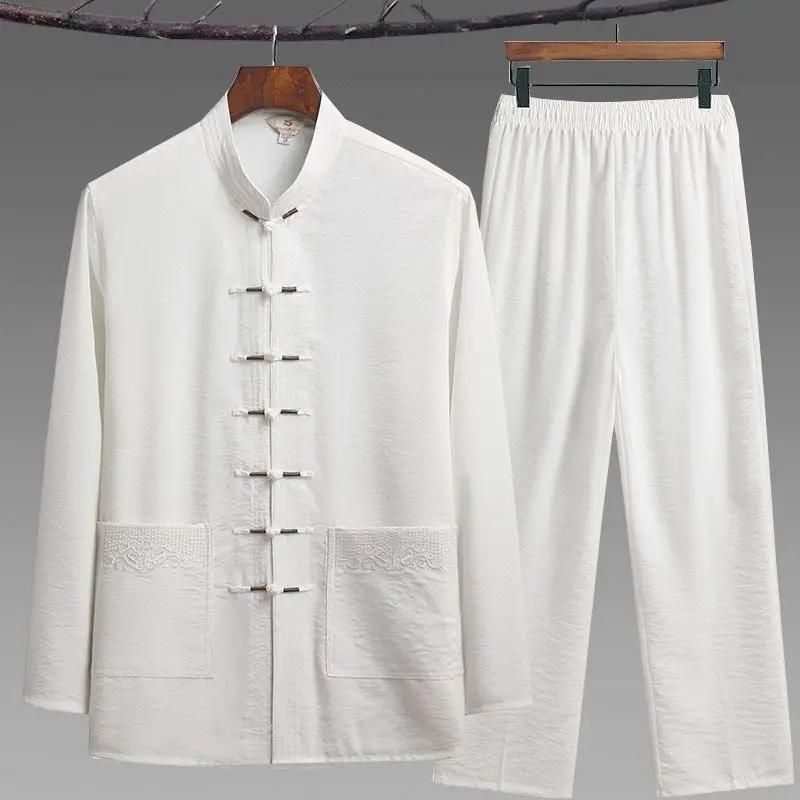 Men Hand Button Tang Suit Shirt & Pants Cotton Linen Vintage