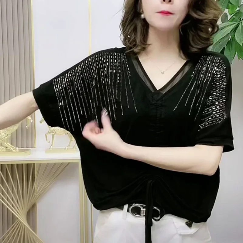 세련된 V넥 스플라이싱 레이스 업 보우 셔링 다이아몬드 블라우스, 여성 의류, 2023 여름 캐주얼 풀오버, 오피스 레이디 셔츠, 신제품