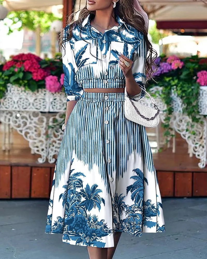 Fashion Short Sleeve Button Shirt And Skirt Two Piece Set Women 2023 Summer Outfits For Women Office Crop Top Dress Sets 2 Piece