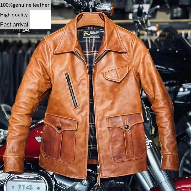 

British newsboy grade A oil wax vegetable tanned horseskin 100% genuine leather jacket for male Amikaki casual motorcycle orang