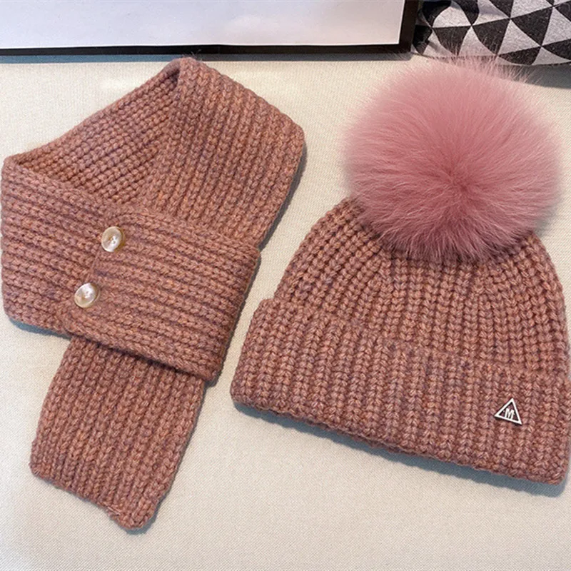 

Women Scarf Hat Set for Knitting real fox fur ball Cap Pompoms Ball Autumn And Winter Warm Girl Skullies Beanies High Quality