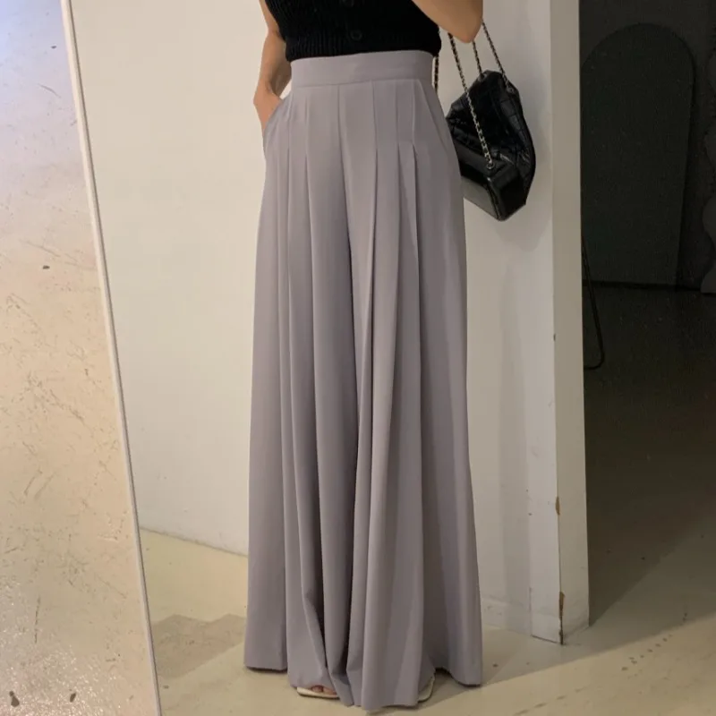 

High quality pleated wide leg pants mops long pants women's summer simple casual high waist lean fold pleated culottes