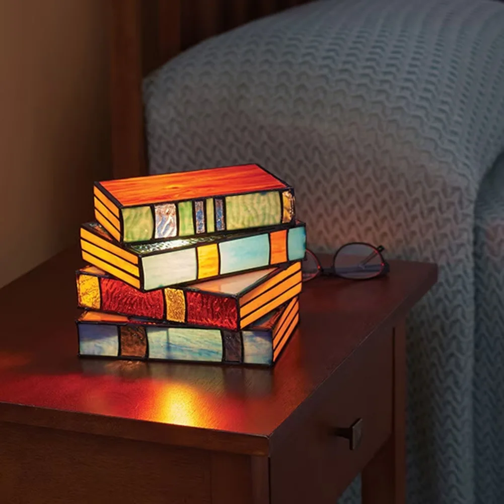 

Stacked Books Lamp Decorative Vintage Reading Book Table Lamp Stained Glass Table Desk Reading Light Nightstand Desk Lamps