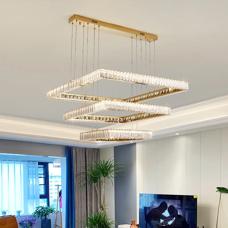 

Luxury Lustre K9 Crystal Led Pendant Lights Modern Square Gold / Chrome Steel Led Hanging Lamp Living Room Suspend Light Fixture