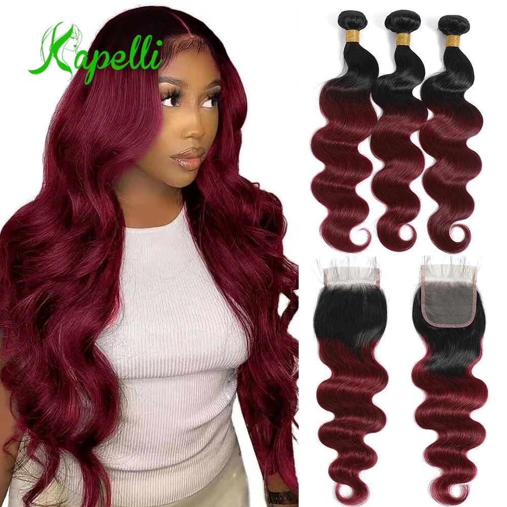 Human Hair Bundles Body Wave 99J Burgundy with 4x4 Transparent Lace Front Closure Brazilian Red Wine Hair Extenstions