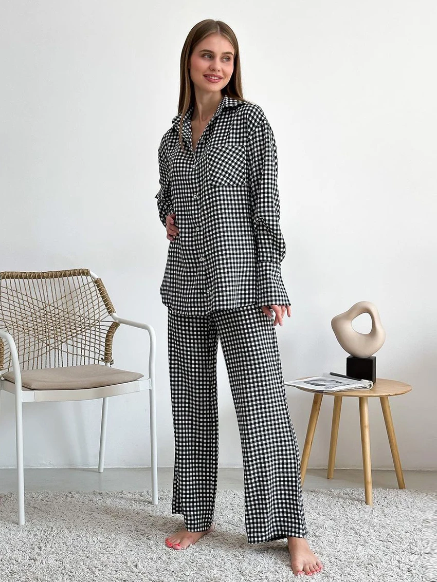 Marthaqiqi Fashion Plaid Ladies Nightwear 2 Piece Suit Turn-Down Collar Nightgowns Long Sleeve Sleepwear Pants Female Pajama Set
