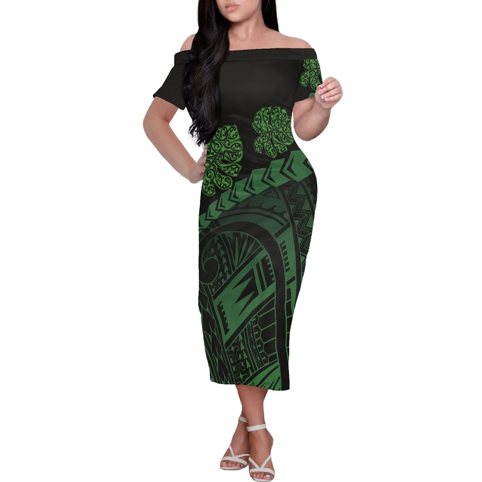 

Women Clothing Samoa 4XL Off Shoulder Party Dress Short Sleeve Summer Polynesian Tribal Tattoos Design Island Wear Midi Dresses