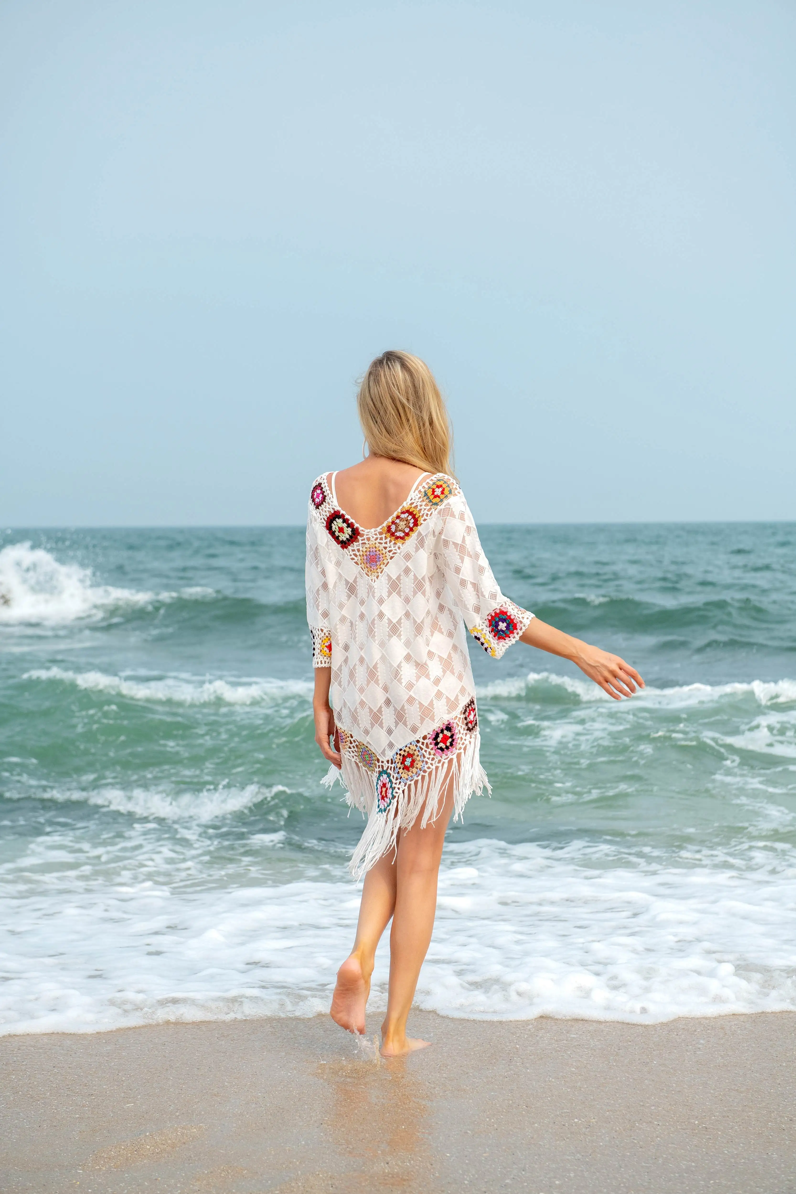 New summer women's knitted flower hollowed-out lace mesh bikini smock Colorfull cover-up Summer beach wear sunblock smock