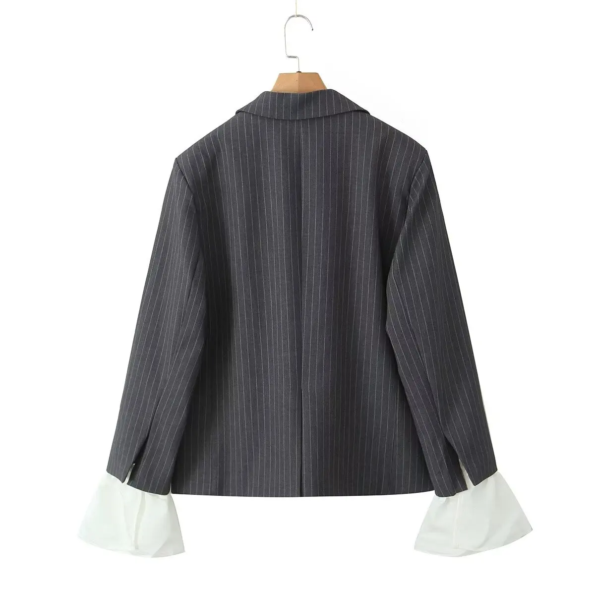 Chill Gray Striped Removable Flare Cuff Blazer Boyfriend Vintage Women Notched Collar Loose Suit Fashion Coat Black